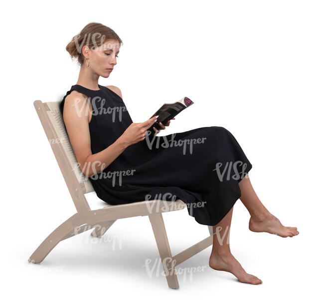 cut out woman in a black dress sitting and reading