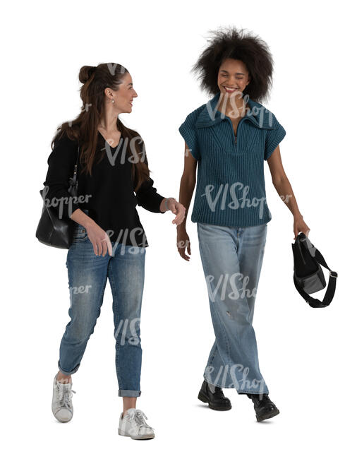 two cut out women walking and talking