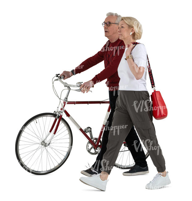 cut out older couple with a bike walking