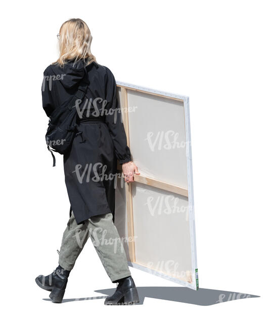 cut out woman carrying a large painting