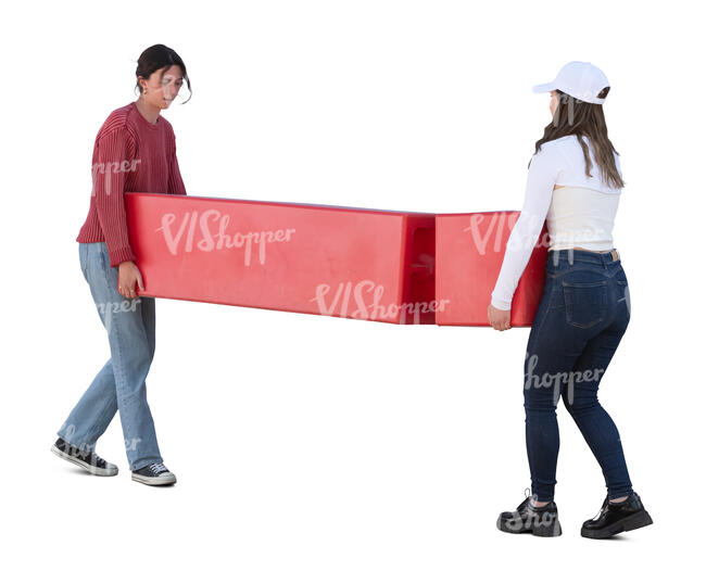 two women carrying a large red box