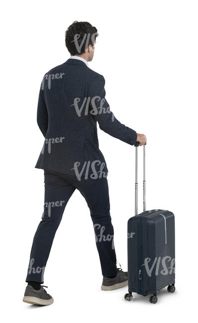 cut out man in a suit with a travel bag walking