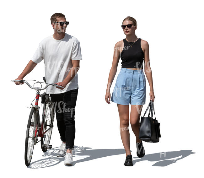 cut out man with a bike and a woman walking