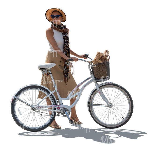 cut out backlit woman with a bike standing