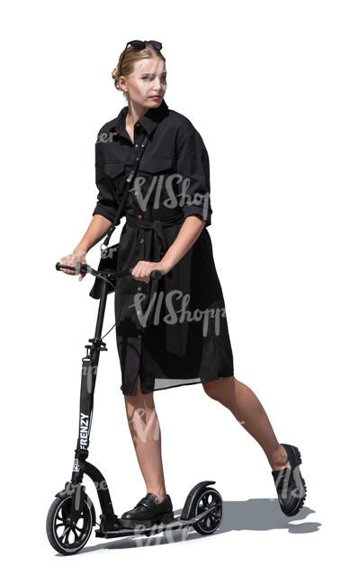 cut out woman in a black dress riding a scooter