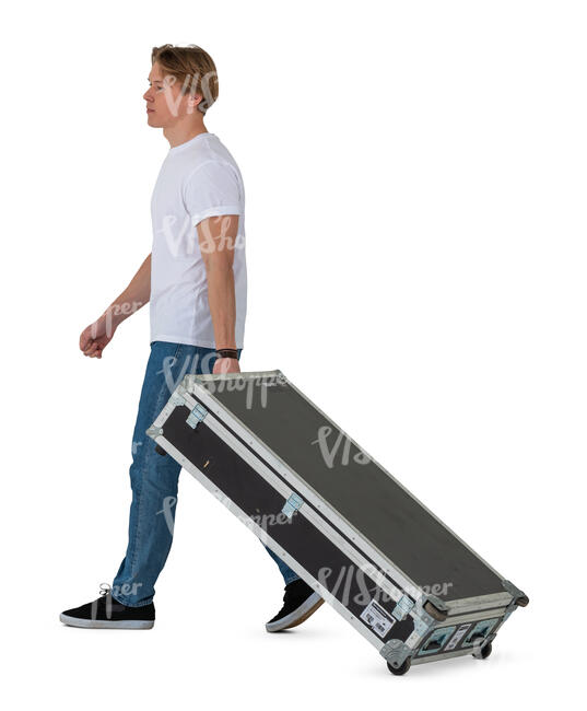 man walking and pulling a heavy equipment box