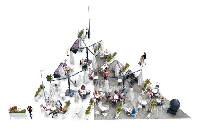 top view outdoor cafe scene with people sitting