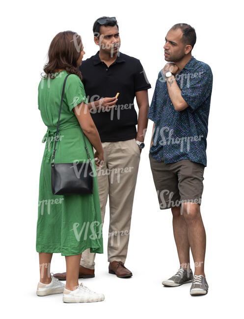 group of three people standing and talking