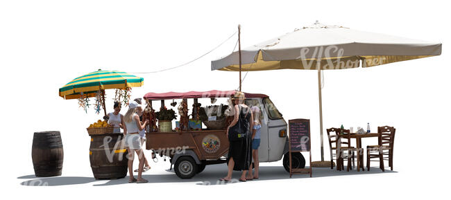 outdoor shopping stand with parasols and cafe and people standing