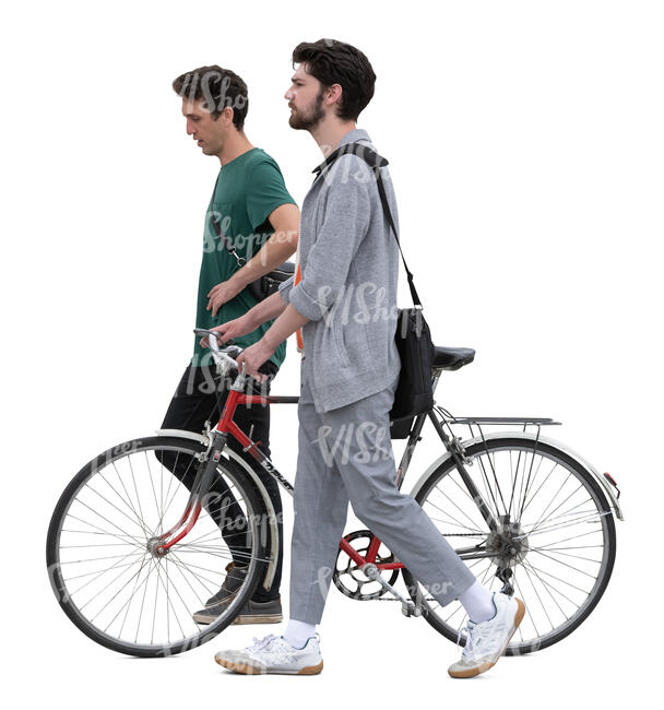 two men with a bike walking