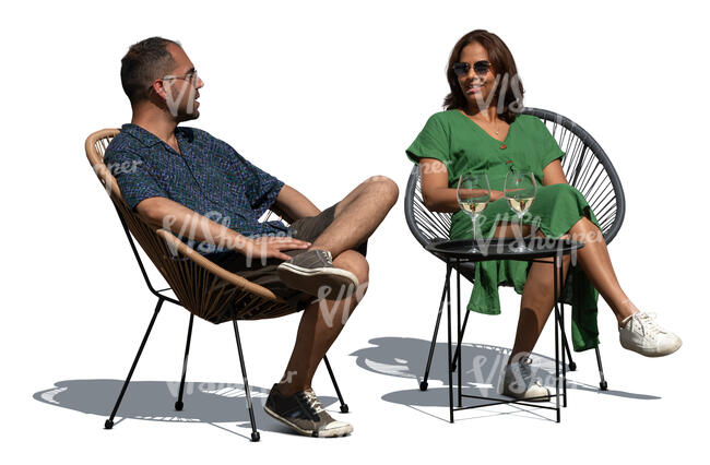 cut out man and woman sitting on baclony chairs