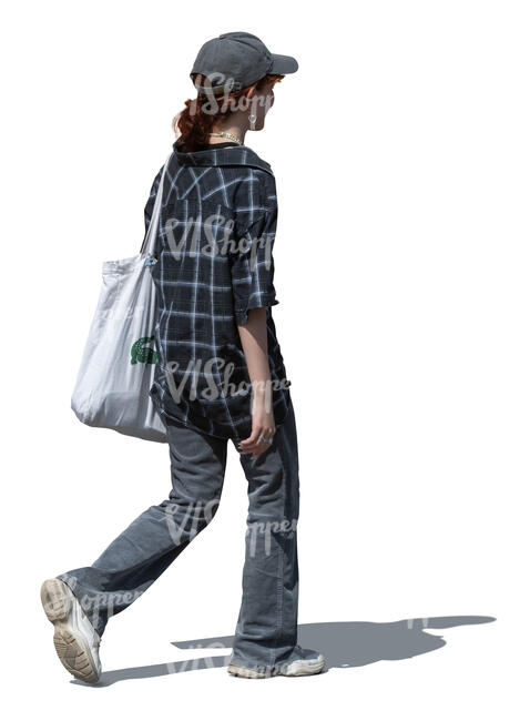 cut out woman with a baseball hat walking