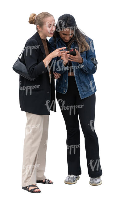 two cut out women looking at a smartphone together