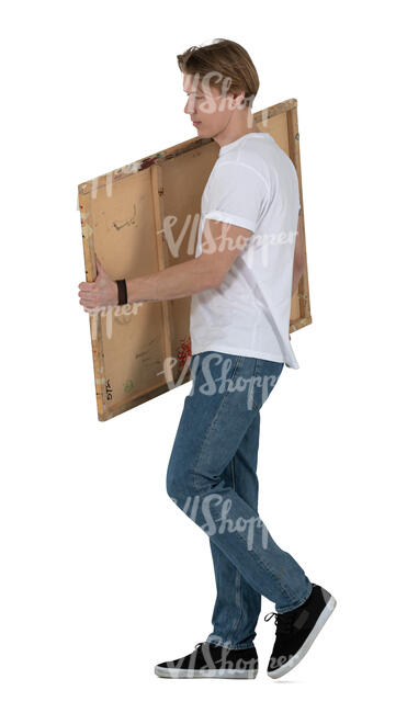 cut out man carrying a large wooden plate