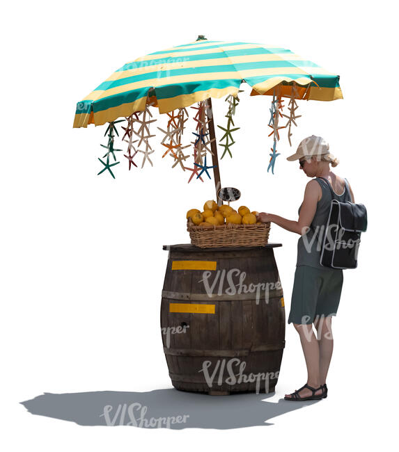 backlit woman buying lemons from and outdoor market stand