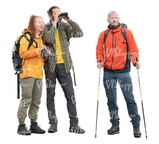 cut out group of hikers standing and looking with binoculars