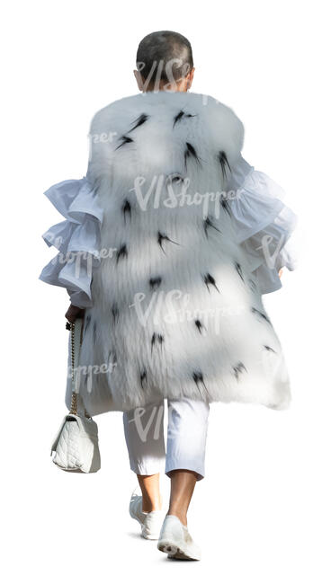 woman with an extravagant white fur coat walking