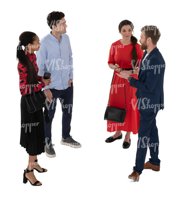 top view of two couples standing and talking at a party