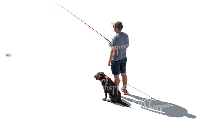 top view backlit fisherman with a dog standing