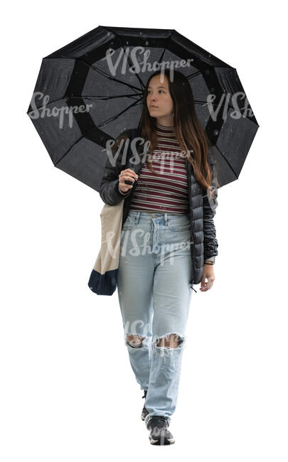 cut out young asian woman with an umbrella walking