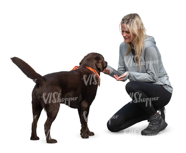 cut out woman squatting and petting her dog