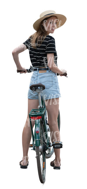 woman with a hat and a bike standing and looking back