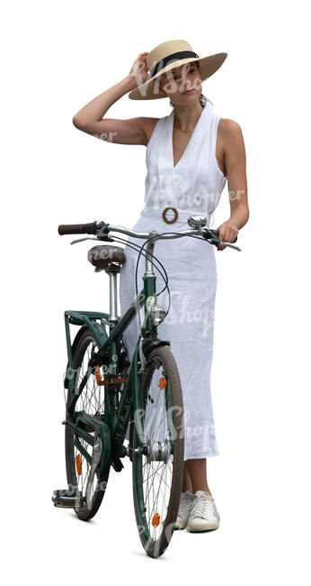 cut out woman in a white dress with a bike standing