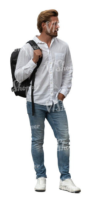 young man in jeans and holding a backpack standing