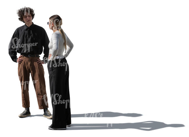 cut out sidelit man and woman standing and talking