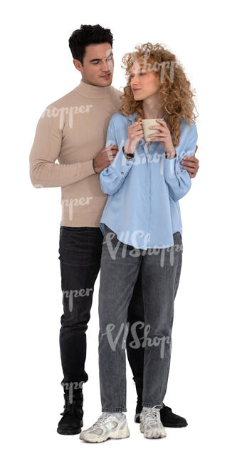 cut out couple standing together and drinking coffee