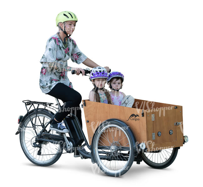 cut out woman with two kids riding a cargo bike