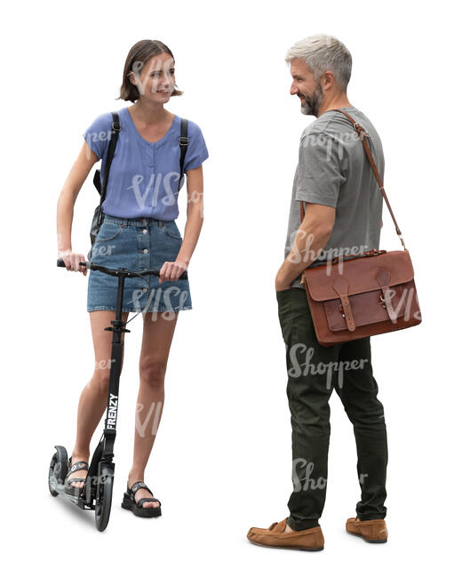 cut out woman with a scooter talking to a man