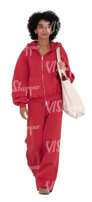 woman in red joggers and hoodie walking