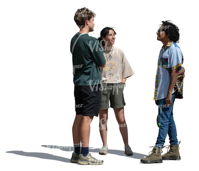 group of three people standing and talking