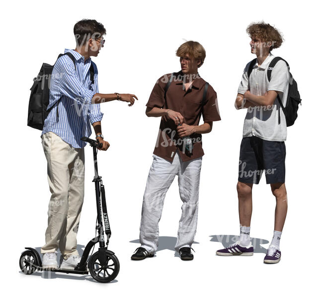 three teenage boys standing and talking