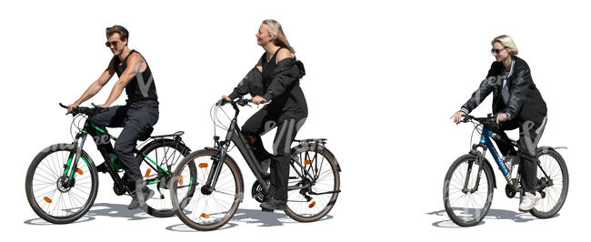 three young people in black riding a bike