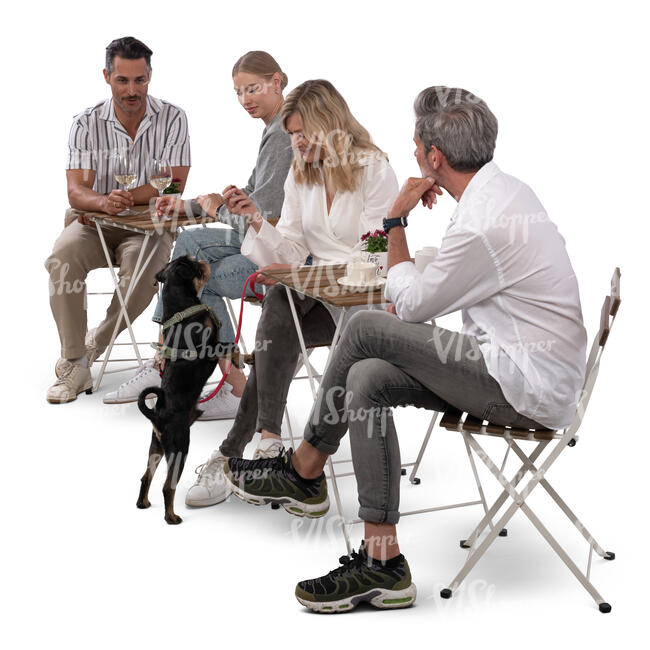 cafe scene with people and a dog