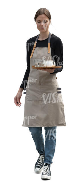 waitress carrying a tray with coffee cups