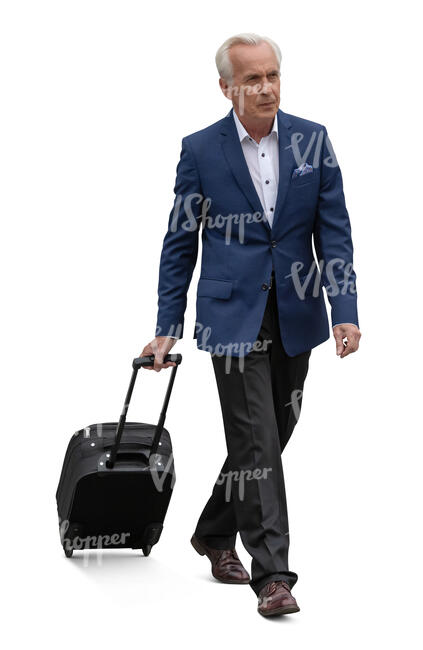 elderly gentleman with a suitcase walking