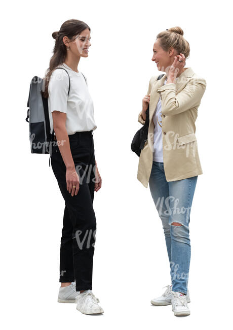 two women standing and talking