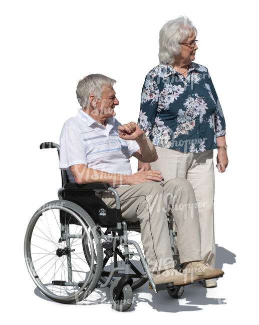 elderly man sitting in a wheelchair and an elderly woman standing