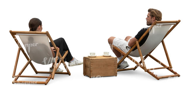 two people sitting in sling chairs and drinking coffee