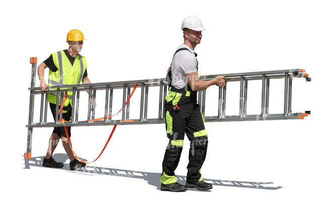 two cut out workers carrying a ladder