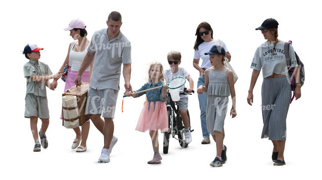 cut out group of adults and children going to a picnic