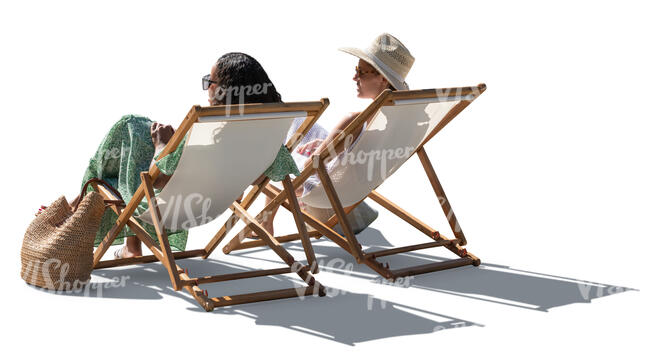 two women sitting in sling chairs and talking