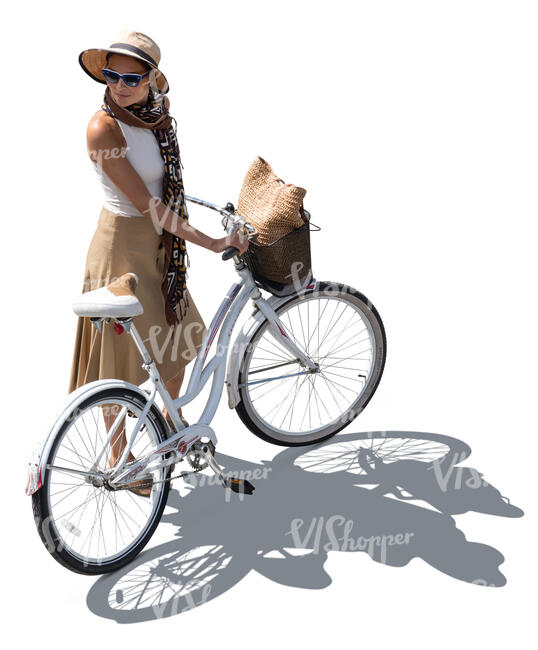 woman with a white bicycle standing seen from above