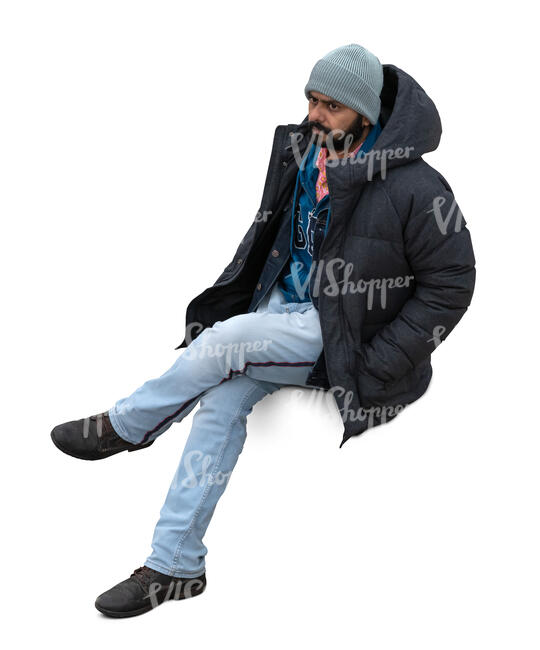 top view of an indian man with a winter coat sitting