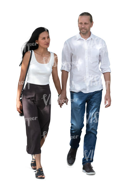 couple walking hand in hand in tree shade