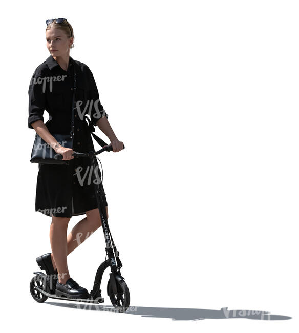 cut out woman in a black dress riding a scooter