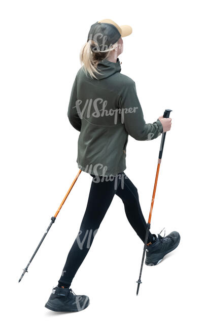 top view of a woman walking using trekking poles